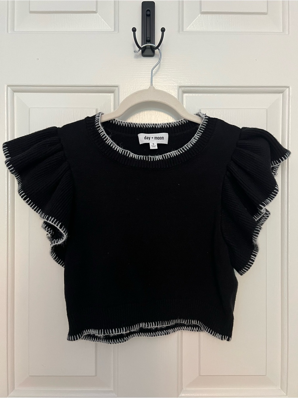 Day + Moon Black Ruffle Sleeve Knit Top